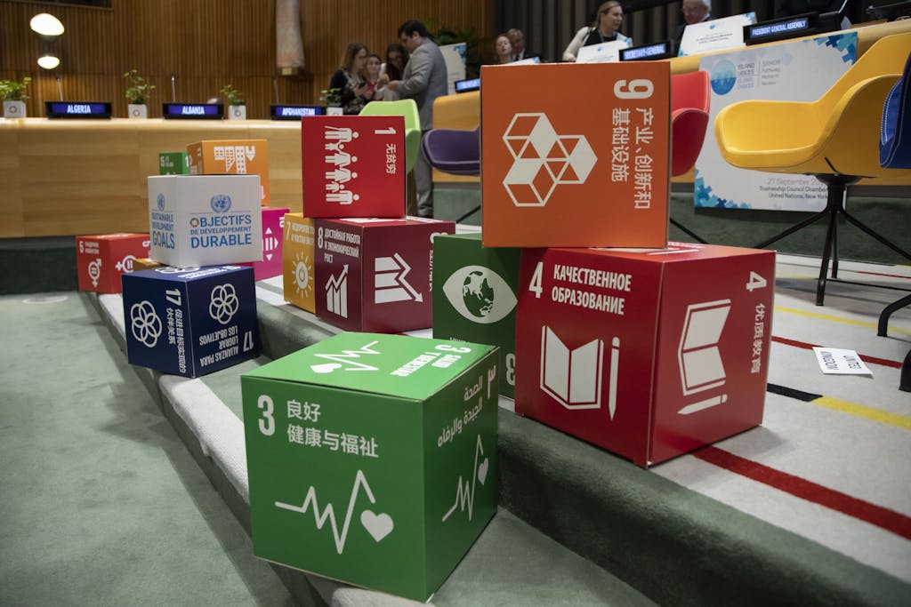 A view of the Sustainable Development Goal (SDG) cubes at the venue.