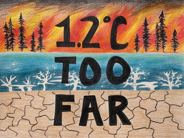 Art work that says 1.2 degrees celsius Too Far