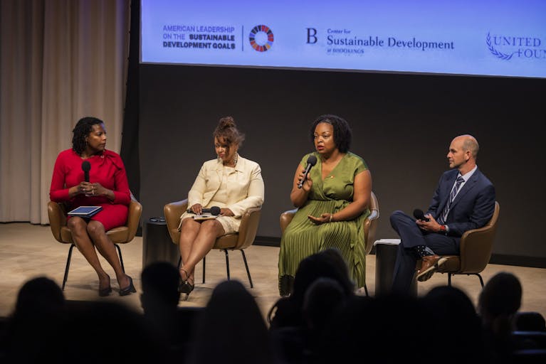 Salah Goss, Senior Vice President for Social Impact at Mastercard Center for Inclusive Growth speaks at the American Leadership in Advancing the Sustainable Development Goals event.